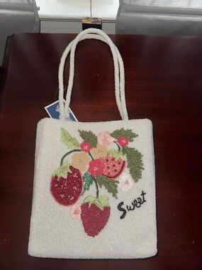 White Beaded Strawberry Shoulder Bag with Embroidered Detail